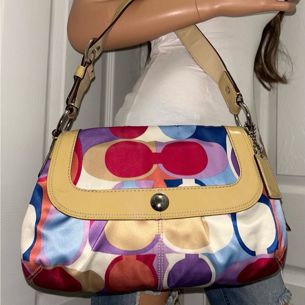 COACH AUTH F13795 SOHO Pleated Scarf Print Colorful Satin Hobo Handbag